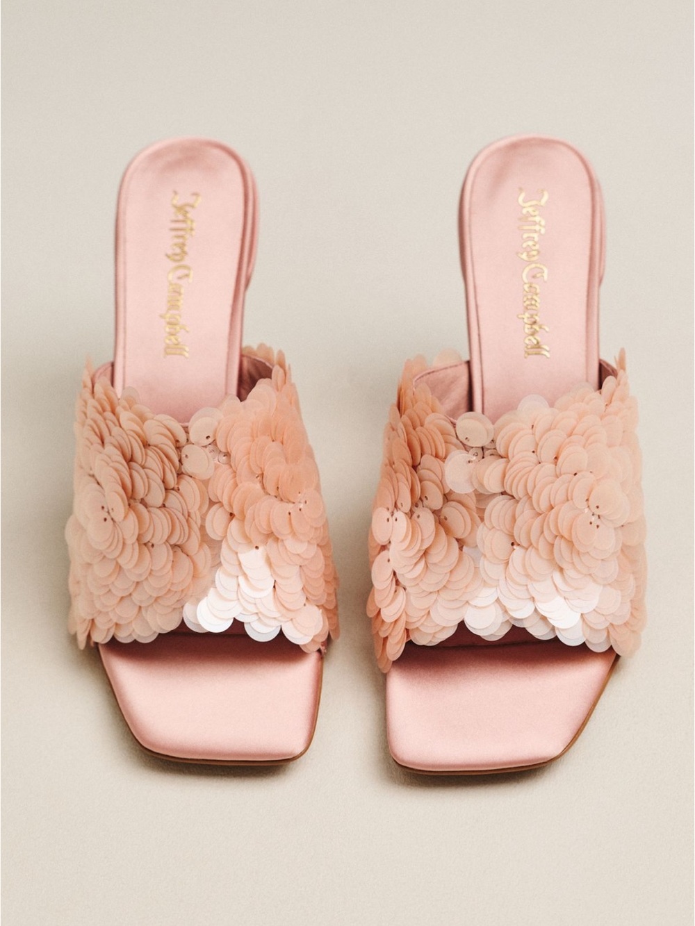 Jeffrey Campbell Bailar Open Toe Slip On Heels Sequin Slide Heels in Rose Gold